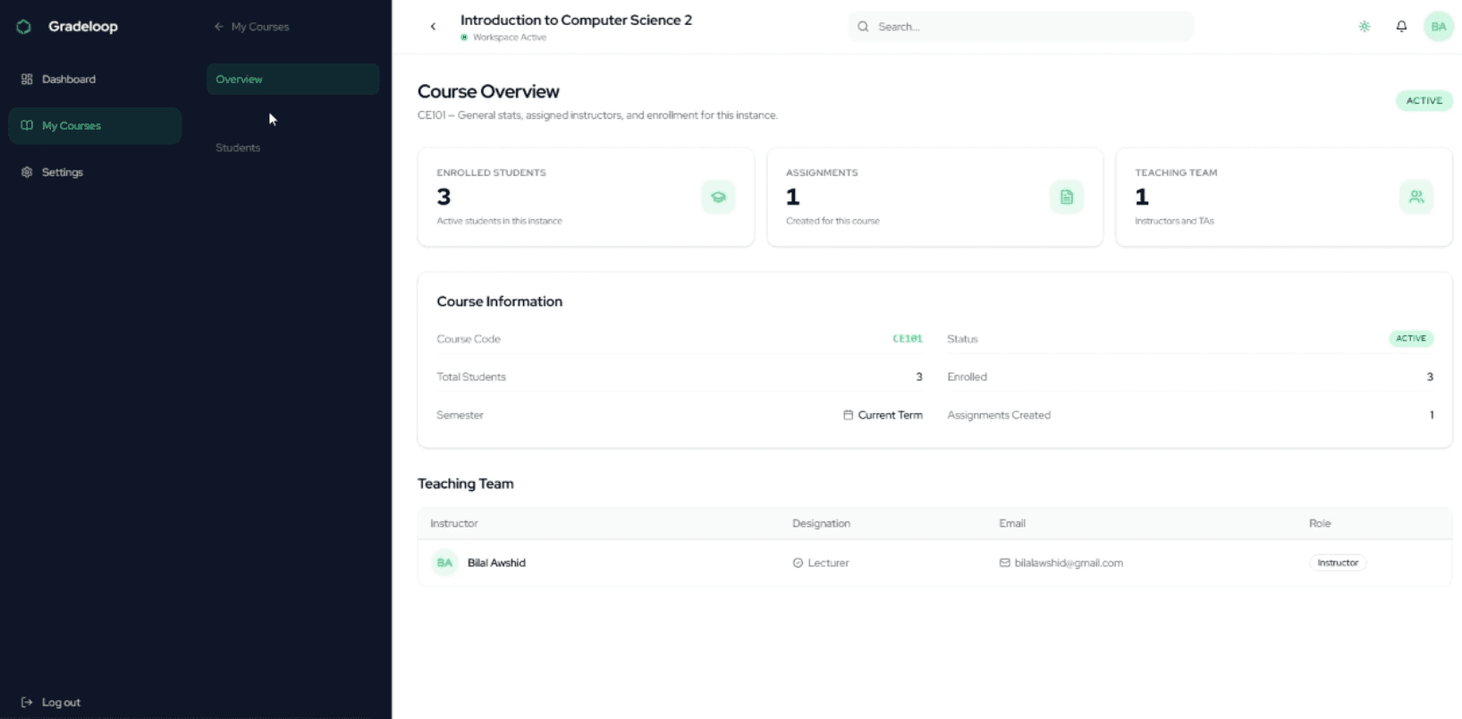 GradeLoop course overview dashboard