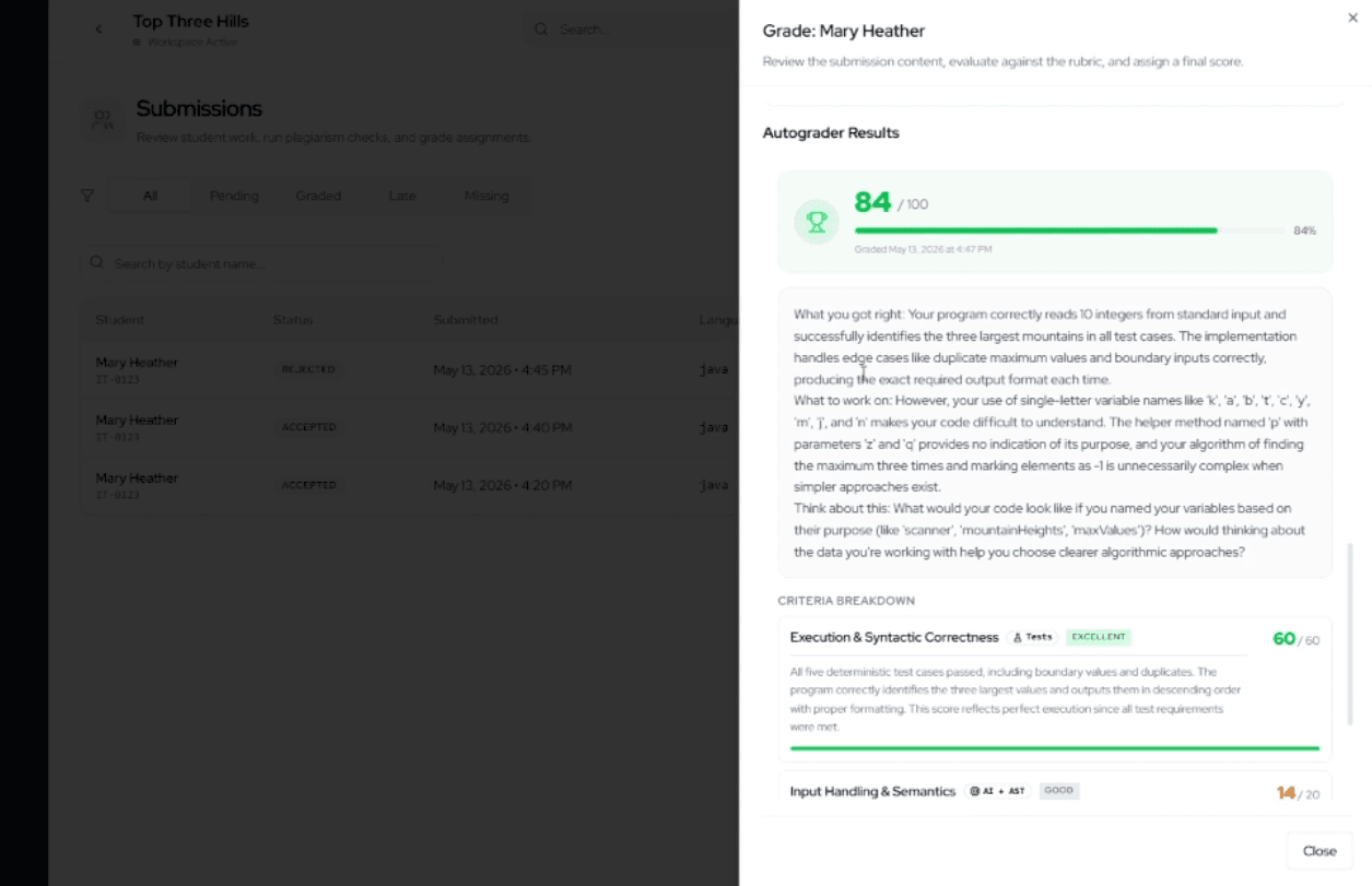 GradeLoop autograder results modal